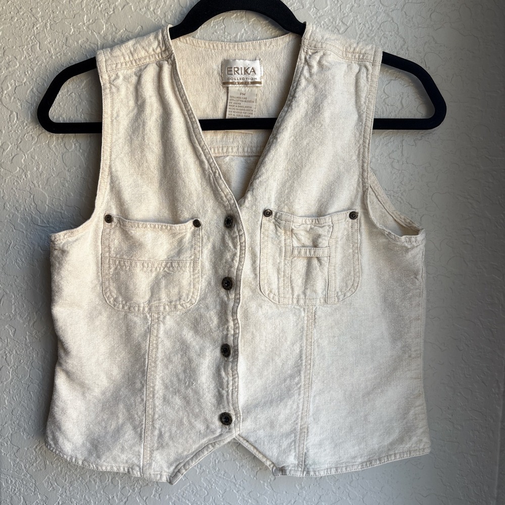 Womens PM 90s Vintage Vest Cream Linen Boho Cotton Button Neutral Minimal FLAW